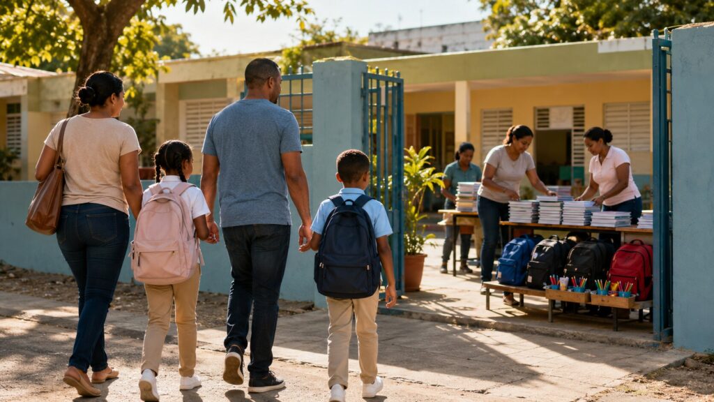 Año escolar 2026-2027 comienza el 24 de agosto: qué deben verificar las familias Familia dominicana llega a una escuela pública mientras el personal organiza libros, mochilas y útiles para el nuevo año escolar.