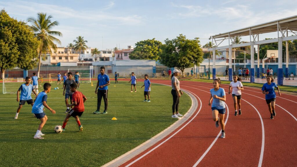 Nuevo centro deportivo en Santo Domingo Savio: qué ofrece y qué falta por informar Ilustración conceptual de estudiantes practicando fútbol y atletismo en un centro deportivo escolar de Santo Domingo.
