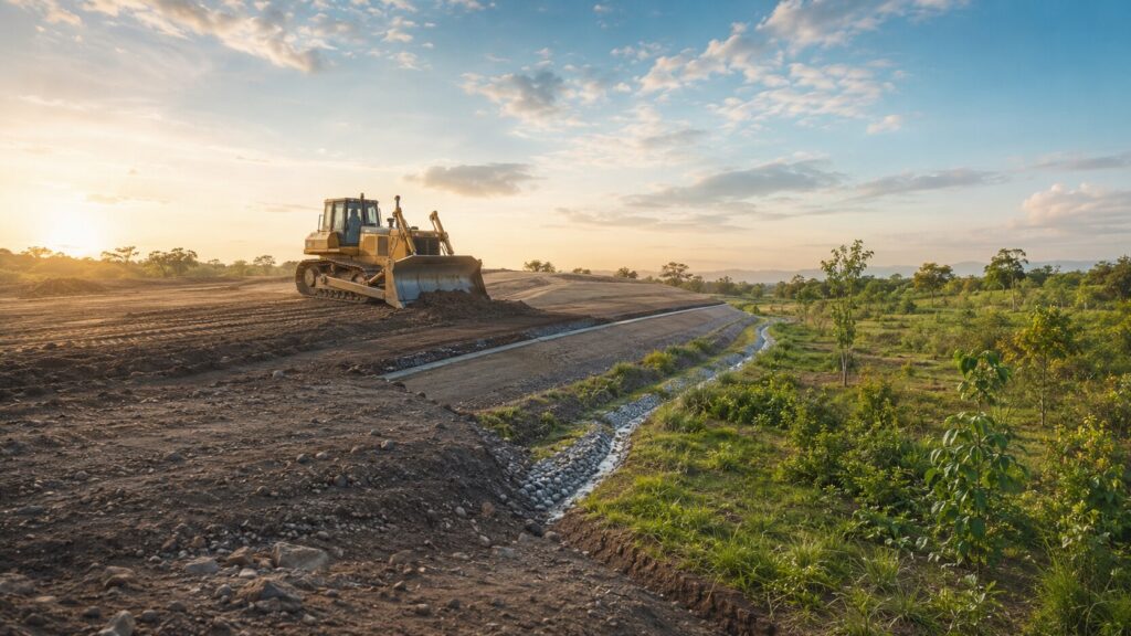 Cierre de Duquesa: qué se ha ejecutado realmente y qué sigue pendiente Ilustración editorial de maquinaria nivelando terreno durante un proceso gradual de cierre técnico y recuperación ambiental.