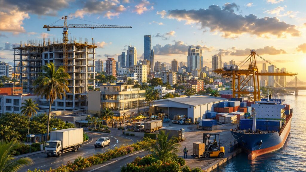 Ilustración de actividad económica en República Dominicana con construcción, transporte y edificios urbanos.