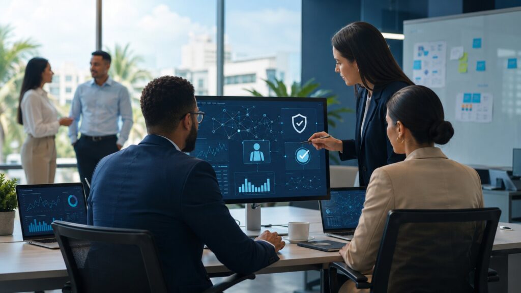 Inteligencia artificial en República Dominicana: casos reales y retos para las empresas Equipo empresarial analiza información mediante herramientas de inteligencia artificial con supervisión humana.