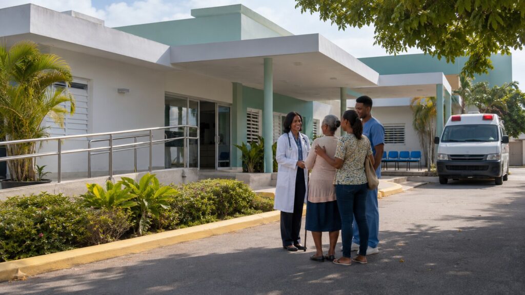 Ilustración conceptual de personal médico recibiendo a una paciente y su familia frente a un hospital municipal renovado, con una ambulancia en la entrada.