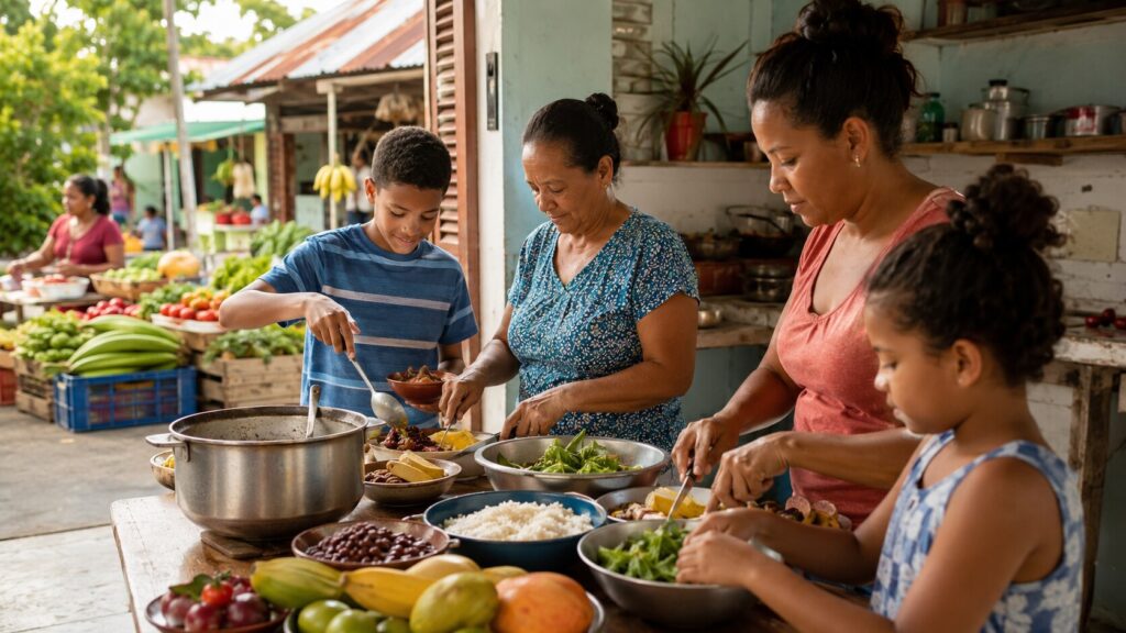 República Dominicana sale del mapa del hambre: qué significa realmente el logro de la FAO Ilustración conceptual de una familia dominicana preparando una comida con arroz, habichuelas, vegetales y productos frescos junto a un mercado local.
