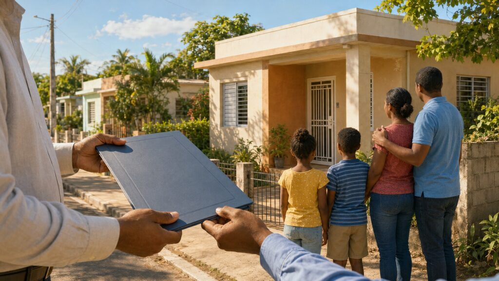 Entrega simbólica de un certificado de propiedad a una familia frente a su vivienda en un barrio dominicano.